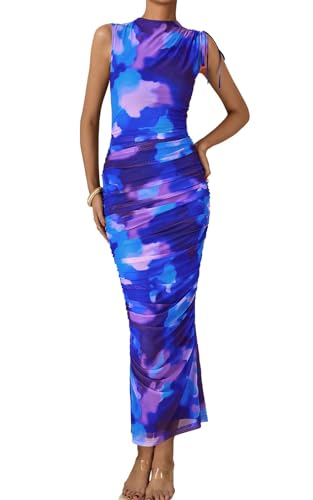 PRETTYGARDEN Women's Summer Maxi Floral Dresses Ruched Bodycon Sleeveless Mesh Formal Wedding Guest Cocktail Split Long Dress