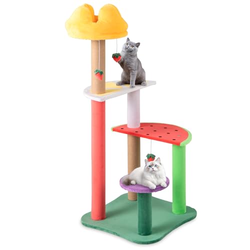 PETSITE 45 Inch Cute Cat Tree, Multi-Level Cat Tower with Scratching Posts, Plush Padded Top Perch, Fruit-Shaped Platforms, and Strawberry Dangling Balls, Fruit Cat Tree Tower for Indoor Cats