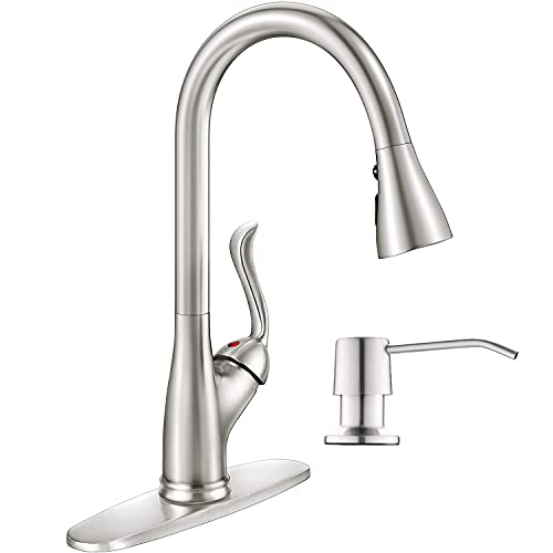 Patented Kitchen Faucet with Pull Down Sprayer and Soap Dispenser - Single Handle Stainless Steel Brushed Nickel High Arc Pull Out Kitchen Sink Faucets with Deck Plate, APPASO