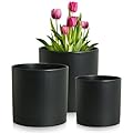 Meowell 8/7/6 inch Plant Pots, 3 Set Cylinder Flower Pots for Outdoor Indoor Plants, Decorative Plastic Planters with Drainage Holes and Saucers for Garden House Plants, Black