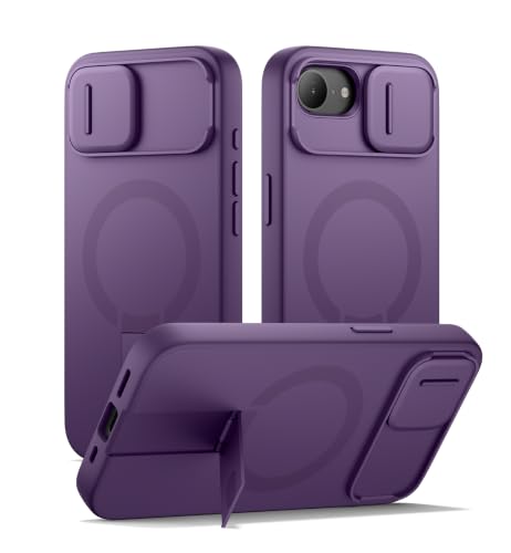 Image of SURITCH for iPhone 17e /16e Case with Magnetic Camera Slide Cover and Adjustable Kickstand, Compatible with MagSafe, Shockproof Bumper Case Slim Protective Cover 6.1 Inch,Dark Purple