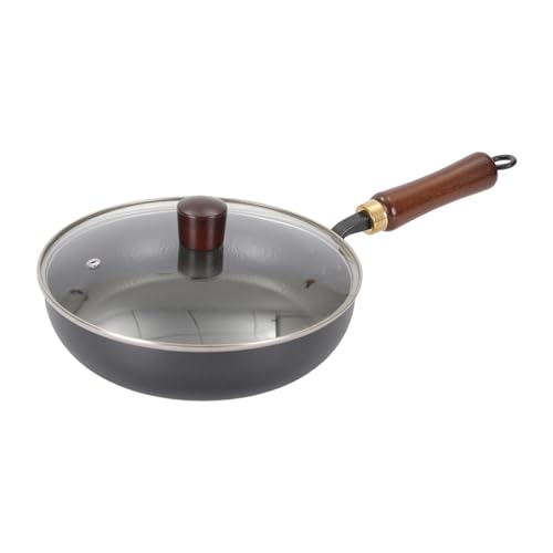 AWHAO Iron Wok Stir Fry Pan with Easy Cleaning Features and Wooden Handle for All Stoves, with Lid, Diameter 28cm