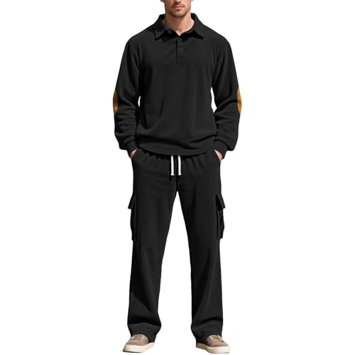 Image of aromm Men's Tracksuit Long Sleeve Polo Shirts & Cargo Trousers 2 Pieces Casual Workout Outfits Black, L