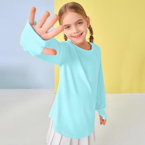 Girls Thumb Holes Long Sleeve Shirts Kids Crewneck Curve Hem Side Slit Soft Tunic Tops Teens Loose Fit Blouse T-Shirts3