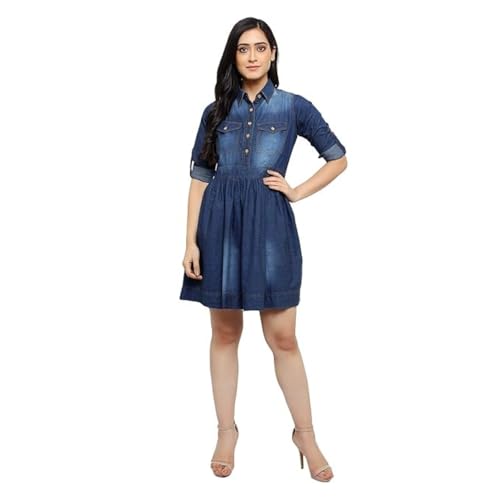 Image of Women's Casual Denim Dress with Regular Fit Solid Pattern Knee-Length 3 /4th Sleeves Flare A-line Design|Denim midi Dress for Women