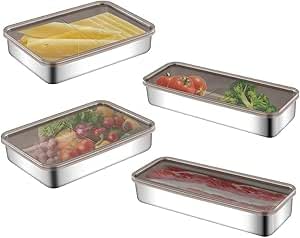 Les-Theresa 4Pcs Bacon Box For Fridge, Deli Meat Containers With Lids Storage Container Stainless Steel Cold Meat Container, Saver Box For Pasta, Celery, Etc(03)