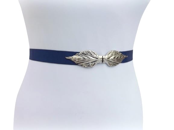 Navy Blue Elastic Silver Leaf Waist Belt For Women, Size XS to 3XL