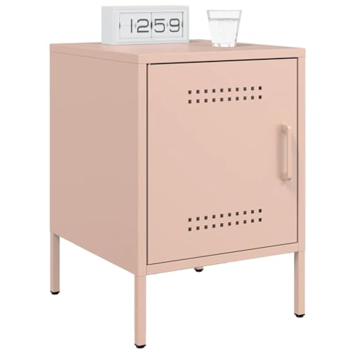 Table d'appoint en acier rose avec rangement et structure métallique robuste
