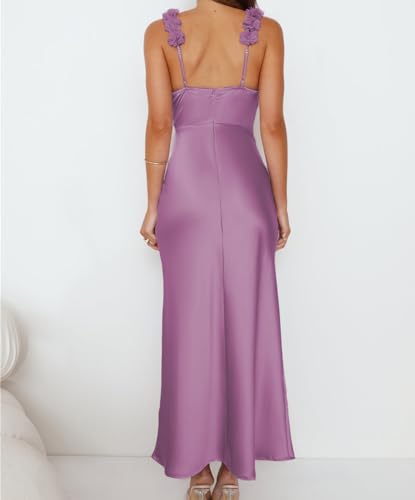Image of Phicia Summer Satin Spaghetti Strap V Neck Midi Dresses for Women Wedding Guest Elegant Flower Backless Cocktail Formal Dress