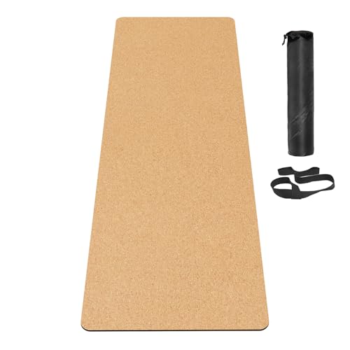 Fiita Stor kork yogamatta – 183 x 61 cm bred halkfri för hemträning, yoga, pilates och stretching – 5 mm vadderat stöd