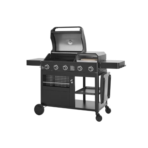 Cook'in Garden - Barbecue Gaz FLAMY, 3 en 1, Plancha + Four à Pizza + barbecue gaz 3 brûleurs, Grilles en fonte émaillée