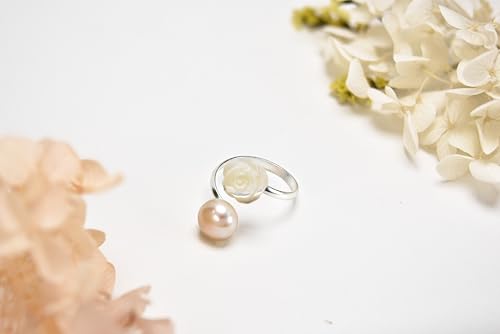 Aeravida Charming White Rose Wrap Cultured Freshwater Pink Pearl .925 Sterling Silver Ring | Cute Wedding Rings For Women | Casual Comfort Fit Silver Rings for Women | Sterling Silver Rings | Valentines3