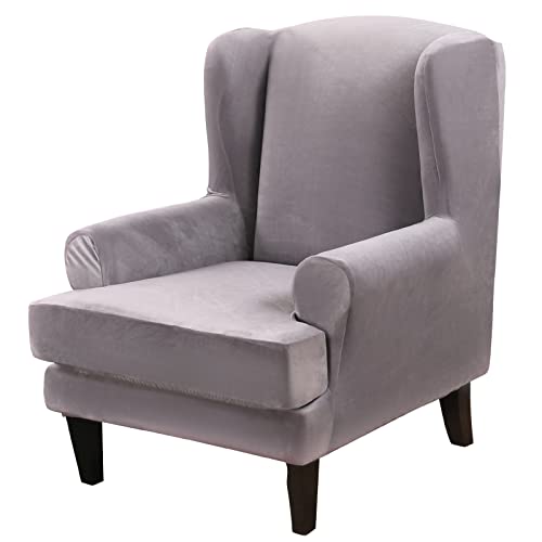 MIFXIN Wingback Chair Slipcovers 2-Piece Velvet Stretch Fabric Wing Chair Cover with Cushion Cover Armchair Sofa Furniture Protector with Elastic Bottom for Living Room Home Decor (Light Grey)