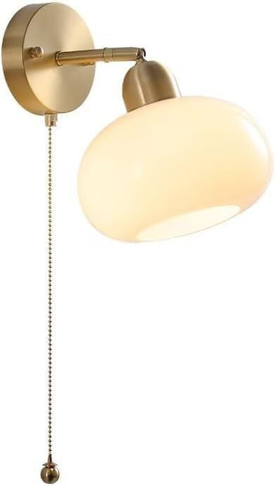 Mid Century Modern Brass Wall Sconce with Milk Glass Shade Vintage Copper Finish Adjustable Farmhouse Bedside Lamp Pull Chain Switch for Bedroom