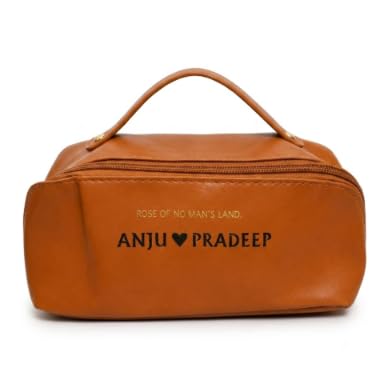 Personalized Makeup Organizer Bag for Women | Custom Name Printed Cosmetic Travel Pouch | PU Leather Vanity Case with Zipper & Handle | Waterproof Toiletry Bag (Brown)-image-44