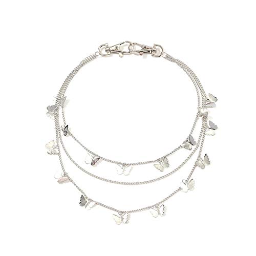 Punk Mushroom Dice Gummy Bear Pendant Pocket Wallet Chain Silver Color Butterfly Dinosaur Jean Pants Belt Chains Hip Hop Thorn Waist Belly Body Chain for Women Girls Jewelry(Butterfly)