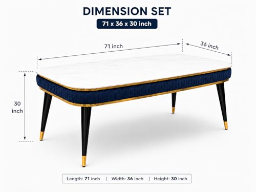 Image of WOODEN SPACE 6-Seater Wooden Dining Table Set | Nano Composite Marble Top | Solid Wood Base | Modern Dining Room Furniture with 6 Chairs (Navy Blue Printed)