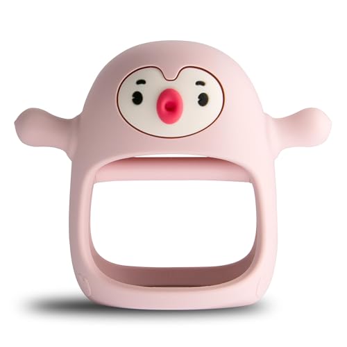 Image of Smily Mia Penguin Buddy Never Drop Silicone Baby Teething Toy for 0-6month Infants, Baby Chew Toys for Sucking Needs, Hand Pacifier for Breast Feeding Babies, Car Seat Toy for New Born,Light Pink