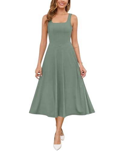 Zattcas Damen 2025 Frühling Sommer Quadratischer Ausschnitt ärmellos fließend Swing Midikleid Hochzeit Gäste Abschlussball Cocktail Party Kleid,...