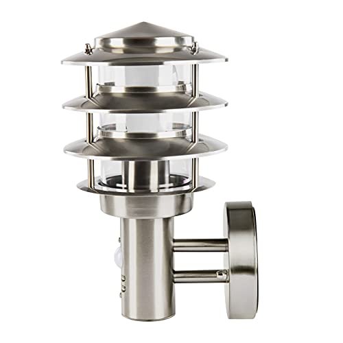 Grafner Design Edelstahl Wandlampe mit Bewegungsmelder und 1x E27 Fassung, IP44 Wand Außenleuchte, 360° rundum Lichtschein, für außen und innen, KEIN ROST - mit Klarlack beschichtet, Wandleuchte