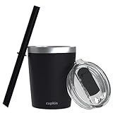 CUPKIN Stackable Stainless Steel Kids Cup Smoothie Tumbler, Powder Coated Insulated Tumblers, BPA Free Lid and Silicone Straw 8 Fl Oz (Pack of 1), Black