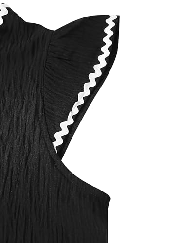 Avanova Women Contrast Trim Flutter Ruffle Sleeve Blouses Texture V Neck Tops Shirts Black X-Large