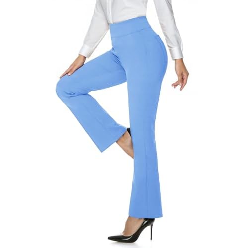 Womens Dress Work Pants with Pockets High Waist Bootcut Casual Business Slacks Tummy Control Yoga Pants Light Blue Small