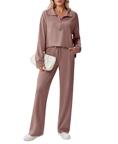 PINSPARK Sweat Suit for Women 2 Piece Set Drop Shoulder Sweatshirts Straight Leg Track Pants Casual Sweat Sets Loose Fitted Tracksuit Fall 2025 Fashion, Taupetastic S