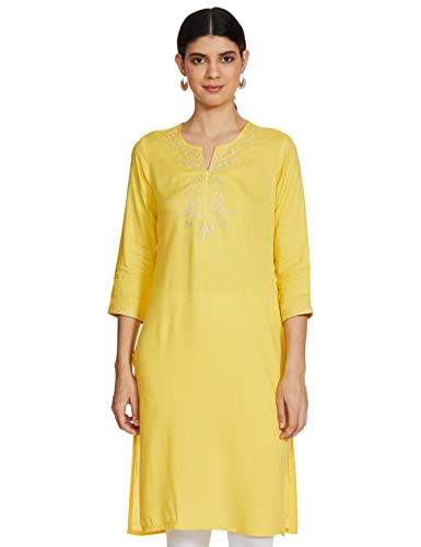 Image of Max Rayon Women Embroidered Notched Neck Straight A-Line Kurta