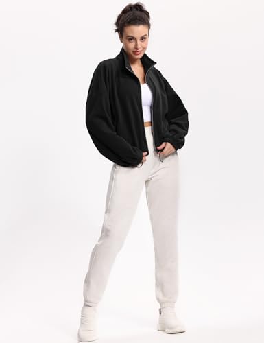 THE GYM PEOPLE Women's Fleece Cropped Jacket Full Zip Stand Collar Workout Short Sherpa Coats with Pockets Drawstring Hem3