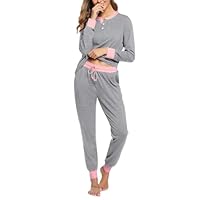 Aseniza Pyjama Femme Hiver Coton Ensembles de Pyjama Femmes Chauds Manches Longues Vêtements de Nuit Couleurs Contrastées Ensemble Pyjamas Tenue de Nuit Vêtements de Détente Loungewear Gris L