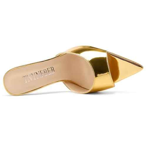 TNYNFBEB Womens Stiletto High Peep Open Pointed Toe Sandals Mules Shoes Slip-on Slingback Office Party Dress Patent Leather Summer 3.9 Inches Heels Gold 7.5 M US by TNYNFBEB - Used condition - Image 4