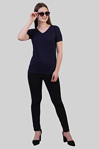 Image of FLEXIMAA Women's Cotton Plain V Neck Half Sleeve T-Shirt