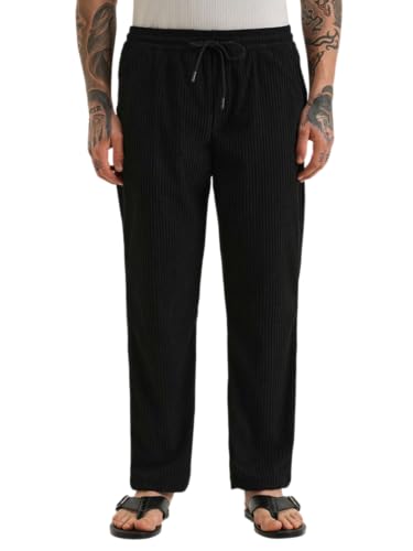 Image of Banana Club Deep Black Corduroy Pant - Regular Fit, Solid, Corduroy Casual Trousers with Textured Fabric, Comfortable Fit