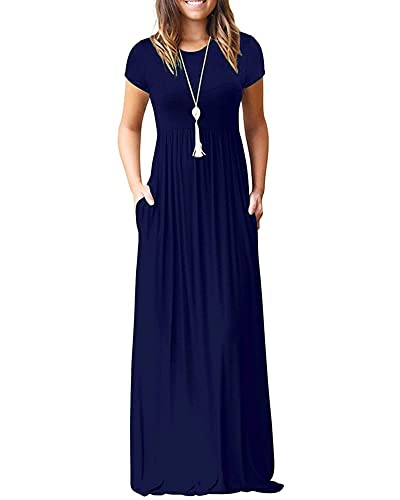 Image of MISFAY Women's Short Sleeve Maxi Dresses Long Casual Dresses with Pockets | Empire Elastic Waist, Crew Neck, Floor Length, Strentchy Flowy A Line Fit, Loose Plain Summer Outfits, Vacation Wear
