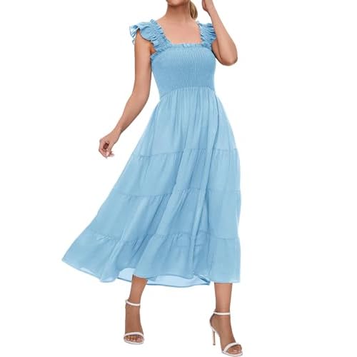 ROYLAMP Women's Summer Ruffled Strap Dress Square Neck Smocked High Waist Tiered A Line Flowy Sun Midi Dresses Large Light Blue