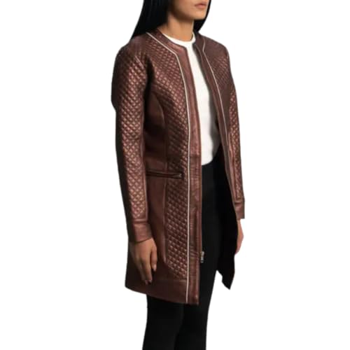 Quilted Long Leather Coat, Brown, Metallic Trim Detail, Mandarin Collar, Winter Fashion3