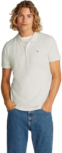 Tommy Jeans Men’s Short Sleeve Placket Slim Fit Polo Shirt, White (Ecru), 2XL