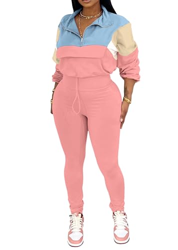 PINSV Women's 2 Piece Outfits Lapel Half Zip Long Sleeve Sweatshirts Sweatpants Tracksuit Casual Sweatsuits Blue Pink L
