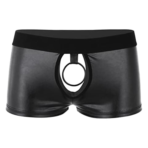 FEESHOW Herren Wetlook Boxershorts Lack Leder Hose Unterwäsche Sexy offener Schnitt Höschen Trunks Hipster Fetisch Clubwear M-3XL Schwarz_D XL Cover