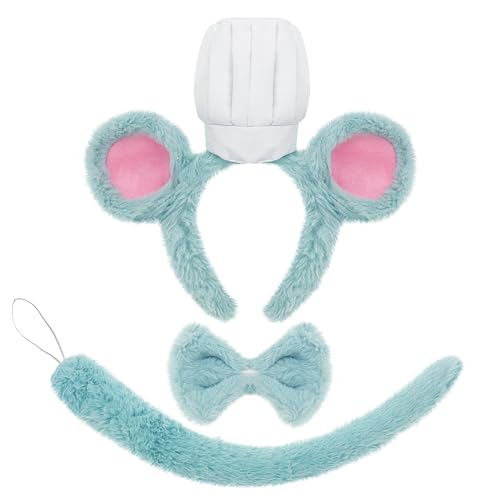 Hptonull 3Pcs Rat Costume Set- Rat Headband Ears Tail Bow Tie Set, Rat Chef Costume Accessories for Birthday Dress up