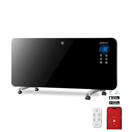 YOEVU | Radiador eléctrico bajo consumo 1500W | Programable con control móvil y WIFI | Termostato regulable | Soporte con ruedas | IP24 | Protección sobrecalentamiento | (Negro, 1500W)