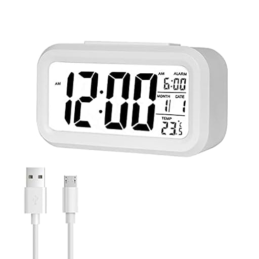 Jsdoin Reloj Despertador Digital, LED Pantalla Reloj Alarma Inteligente con Temperatura, Sensor de Brillo, 12/24 Horas, Función Snooze y Alarma para Dormitorio, Hogar, Oficina(Recargable,Blanco) | Ya disponible en tu tienda friki favorita! En mundofriki.es!
