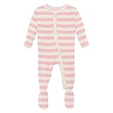 KicKee Pants Essentials Print Classic Ruffle Footie with Zipper, Soft Bamboo Viscose Sleepwear, One-Piece Baby Clothes (Lotus Stripe - 0-3 Months)