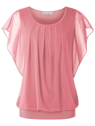 BAISHENGGT Damen Sommer Netz Bluse Flatter Kurzarm Tshirt Rundkragen Falten Elegant Oberteile Top Blusen Hellrosa XL