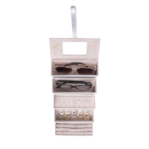 Image of Brouk & Co Leah 5 Eyewear & Jewelry Case - Pebbled Vegan Leather, Foldable Case, Snap Closure, Hanging Loop, Interior Mirror, 5 Compartments: Sunglasses and Jewelry (Silver)