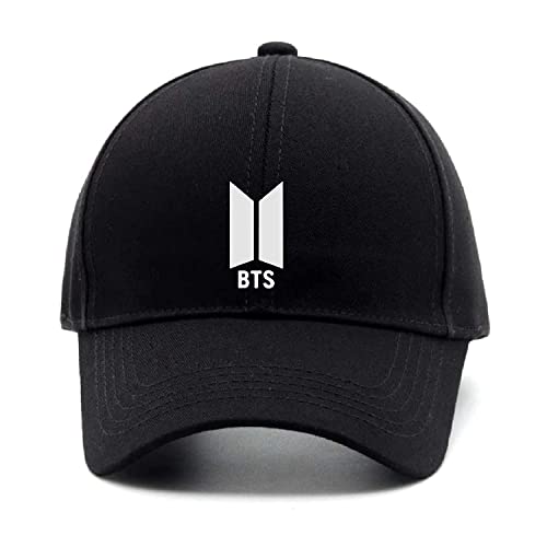 Image of BTS Printed Baseball Cap for Men Women Teens | Adjustable Korean Style K-Pop Hat | Casual Sports Streetwear Fashion Cap for Travel Gym Concert Outdoor Black