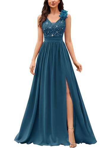 Image of Miusol Women's Vintage V-Neck Sequined Split Formal Evening Maxi Dress