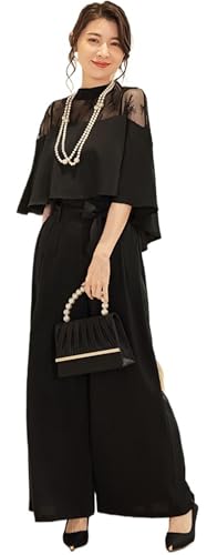[TRVELBETT] 結婚式 パンツドレス セットアップ フォーマル スーツ 袖あり レディース パーティードレス セパレート パンツスーツ ママ 体型カバー 演奏会 入学式 入園式 卒業式 卒園式 30代 40代 50代 おしゃれ きれいめ (ブラック,L)