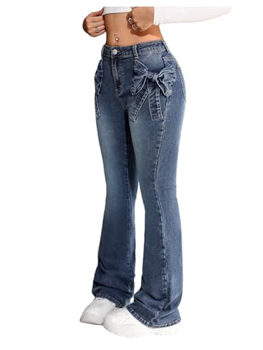 Floerns Girl's Cute Bow Flare Leg Jeans Stretchy Retro Bell Bottom Denim Pants